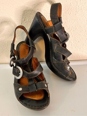 Born Black Leather Platform Heeled Sandals with Silver Buckles